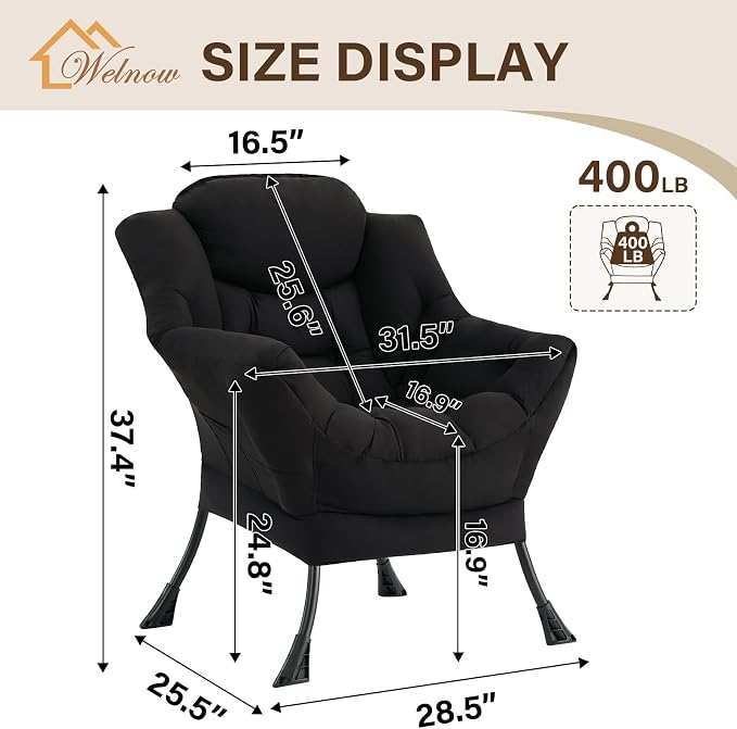 Welnow Black Single Lazy Chair for Adults，Modern Reading Accent Chair | A Side - Image 3