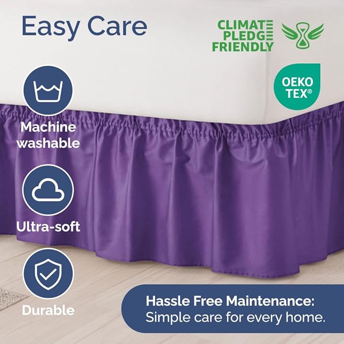 Wrap Around Dust Ruffle Bed Skirt - Purple - Twin/Twin XL Size Beds with 21 Inch Drop - Easy Fit Elastic Strap - Adjustable Pleated Bedskirt w/Brushed Fabric - Wrinkle Free - Women, Men, Kids & Teens