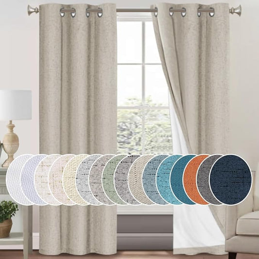 PrinceDeco 100% Blackout Curtains 84 Inches Length 2 Panels Set Blackout Linen Curtains with Thermal Insulated White Liner Anti-Rust Grommet Drapes Privacy Protection,W42 X L84,Cobblestone