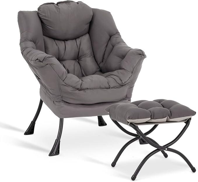 Lazy Chair with Ottoman, Comfy Accent Reading Chair, Dark Grey | Foldable by LITA