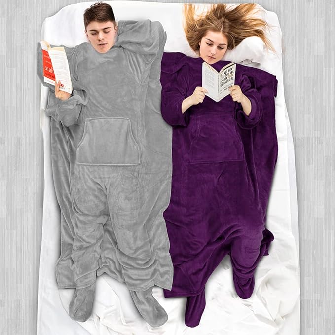 PAVILIA Fleece Blanket with Sleeves, Foot Pockets for Women Men Adults, Plush Wearable Blanket Throw Wrap, Warm Snuggle Blanket Robe, Cozy Gift Ideas Wife Mom, Dark Purple