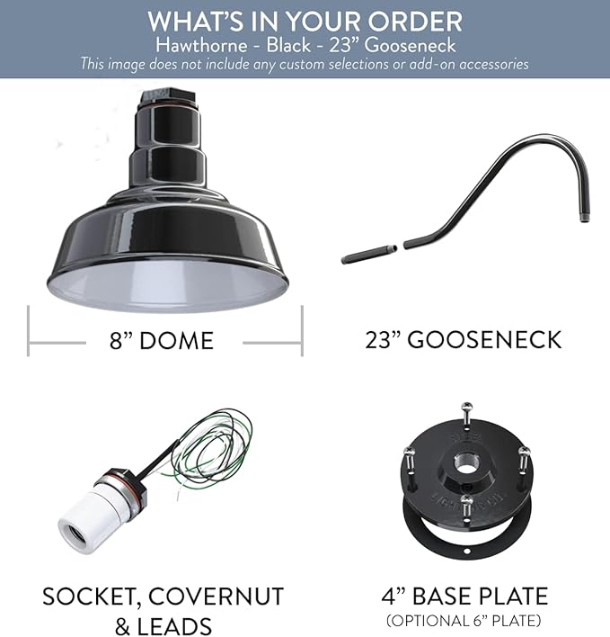 Steel Lighting Co. Hawthorne Barn Light | Outdoor Wall Mounted | 8 inch Dome | 23 inch Gooseneck| Small Farmhouse Light Made in America | Black Exterior/White Interior