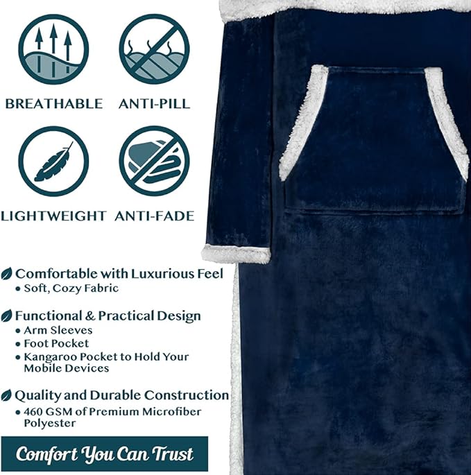 PAVILIA Sherpa Blanket with Sleeves, Foot Pocket for Women Men Adults, Thick Wearable Blanket Throw Wrap, Fleece Warm Snuggle Blanket Robe, Cozy Gift Ideas Wife Mom, Navy Blue