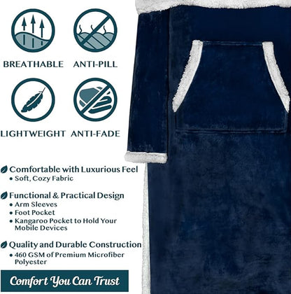PAVILIA Sherpa Blanket with Sleeves, Foot Pocket for Women Men Adults, Thick Wearable Blanket Throw Wrap, Fleece Warm Snuggle Blanket Robe, Cozy Gift Ideas Wife Mom, Navy Blue