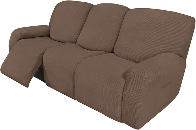 Easy-Going 8 Pieces Recliner Sofa Stretch Sofa Slipcover Sofa Cover Furniture Protector Couch Soft with Elastic Bottom Kids, Spandex Jacquard Fabric Small Checks Brown