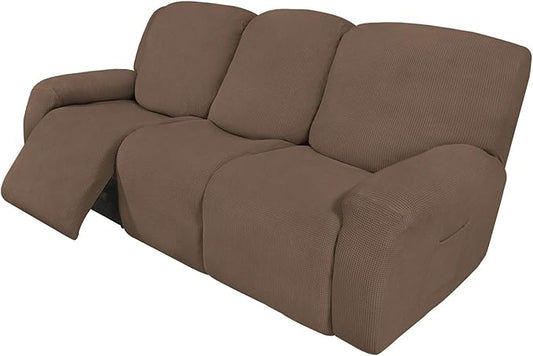 Easy-Going 8 Pieces Recliner Sofa Stretch Sofa Slipcover Sofa Cover Furniture Protector Couch Soft with Elastic Bottom Kids, Spandex Jacquard Fabric Small Checks Brown