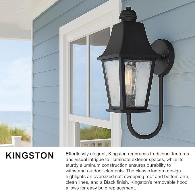 Hinkley Kingston Single Light Wall Mount Outdoor Lantern - Oversized Sweeping Roof & Bottom Arm, Aluminum, Clear Seedy Glass - Black Finish