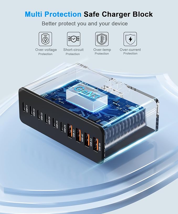 USB C Charging Station 10 Port with 4 USB Cables, 200W GaN Type C Charger Block, Wall Charger Power Strip Adapter Plug for iPad iPhone17 16 15 14 13 12 Pro Max Pixel Note Galaxy