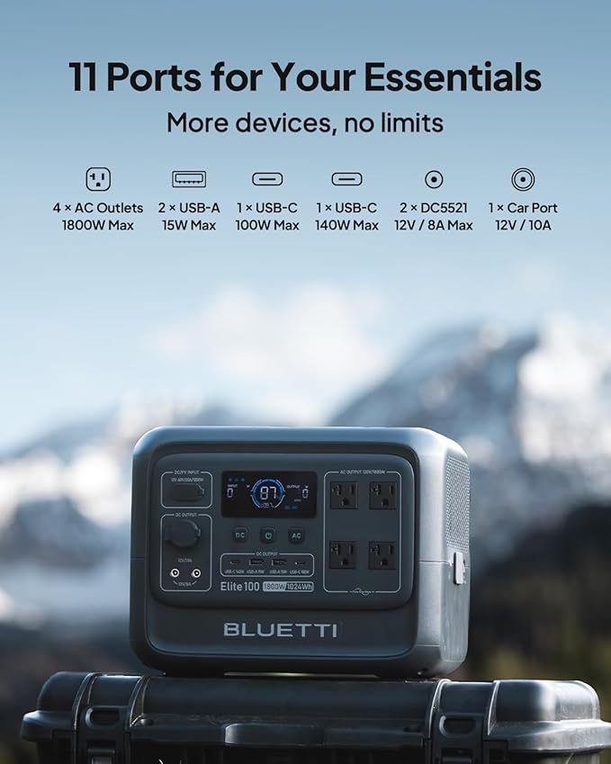 BLUETTI Solar Generator Elite 100 V2 with 2×100W Solar Panels Included, 1024Wh Portable Power Station w/ 2 1800W AC Outlets, 35% Smaller, Ideal for Camping, Emergencies, Backup Power