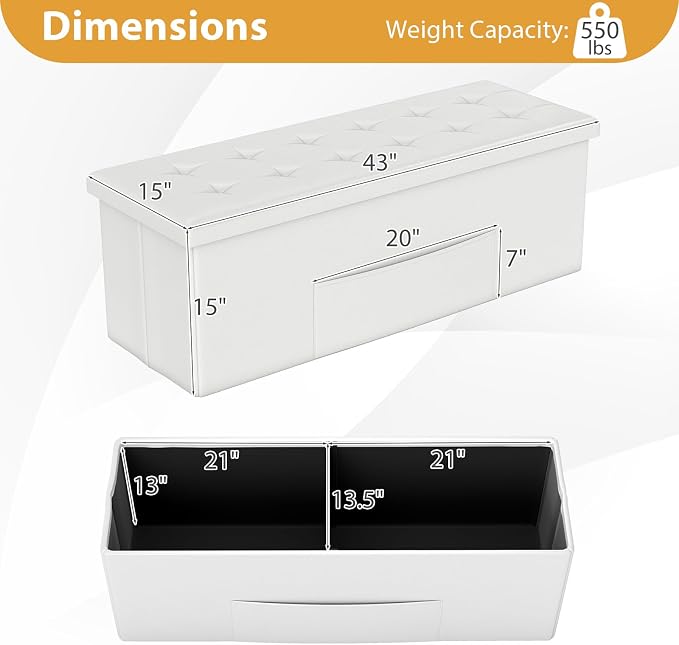 Giantex 43 Inches Folding Storage Ottoman Bench, Upholstered PU Leather Storage - Image 3