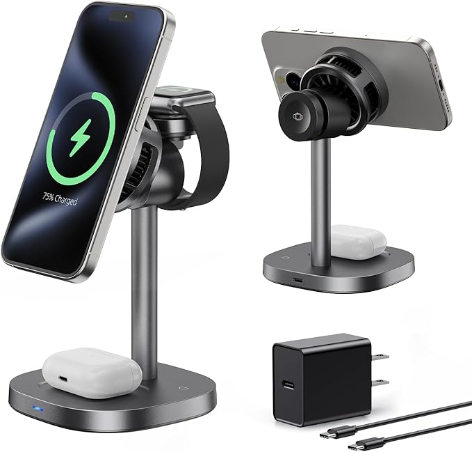 havit 3 in 1 Wireless Charging Station, Qi2 15W Cooling Magnetic Charging Stand, MagSafe Fast Wireless Charger for iPhone 17/16/15/14 Series, Apple Watch, AirPods, 45W Adapter Included