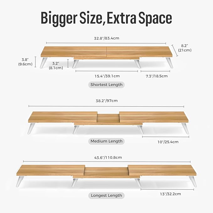 loukin Dual Monitor Stand Riser for Desk, 43.6"*8.2"*3.2" Large Computer Stand for 2 Monitors, Laptop, Printer, Length and Angle Adjustable Computer Shelf, Home Office,Max 43.6" Length Natural