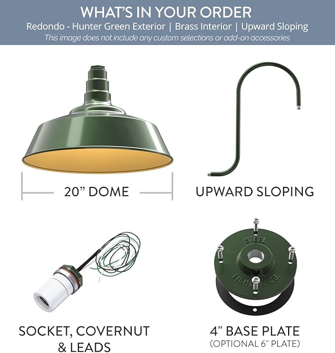 Steel Lighting Co. Large Outdoor Barn Light | Gooseneck Light Fixture | Made in America from 18-Gauge Steel | 20" Dome | Upward Sloping Gooseneck Hunter Green Exterior/Brass Interior