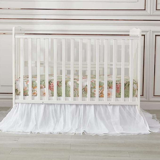 Brandream Crib Bed Skirt for Baby Girls Boys White Lace Tulle Ballerina Girls Dust Ruffle Double Layered with Solid Cotton Toddler Bedskirt