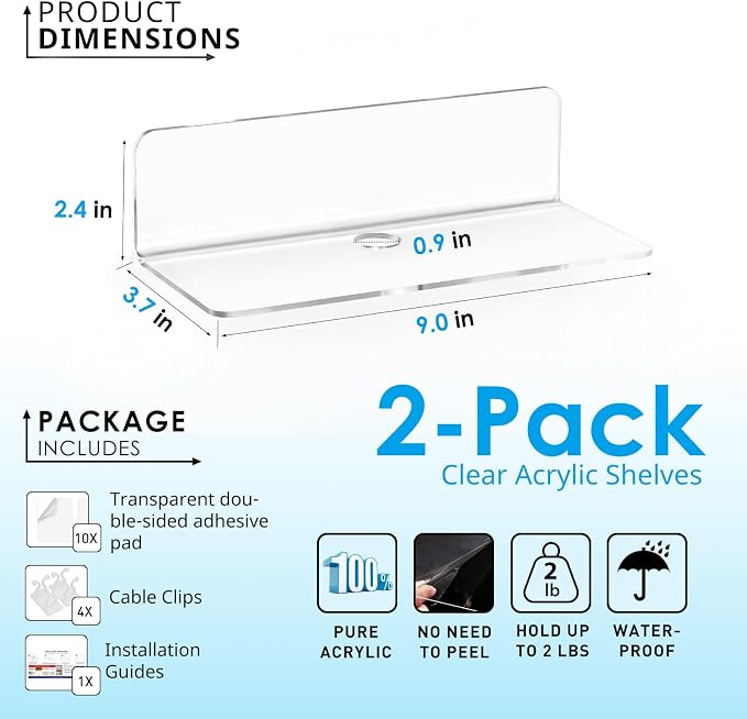 OAPRIRE Acrylic Floating Wall Shelves Clear, No Drill, 9 Inch 2 Pack | Strong - Image 2