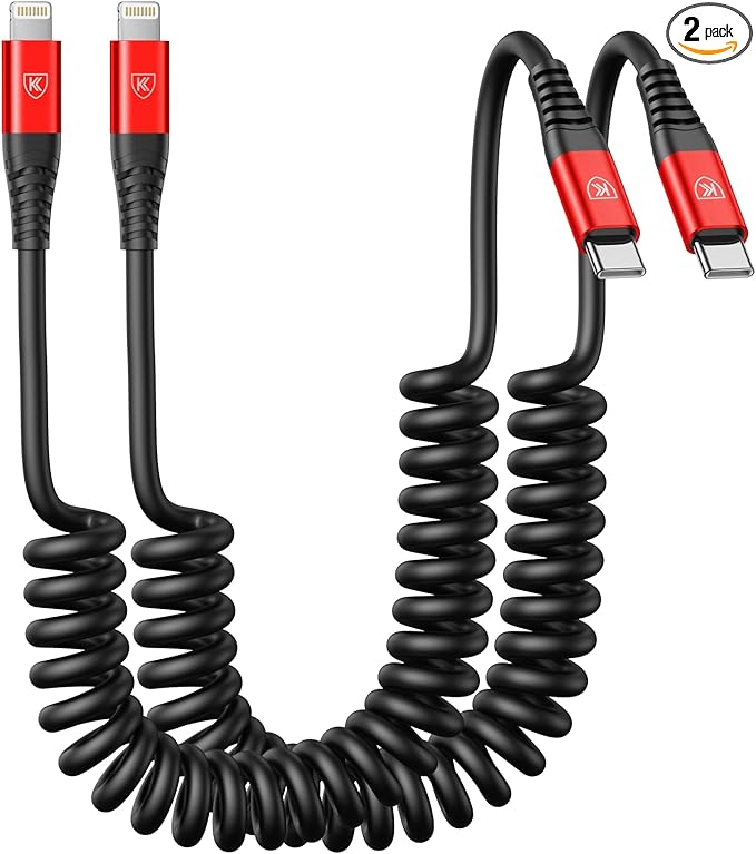 KIYODA USB C to Lightning Cable, 2Pack 3FT Coiled Fast Charger for Car Type C to Lightning Cable Cord Compatible with 14 13 12 11 Pro Max Xr Xs 8 7 Plus Carlay-Red