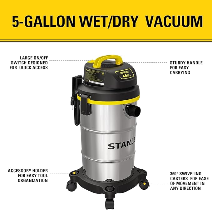 STANLEY Wet Dry Vacuum 5 Gallon with 4 HP Powerful Motor Suction,Stainless Steel Shop Vacuum Portable Wet Dry Vac for Jobsite, Workshop, Garage, Basement SL18130