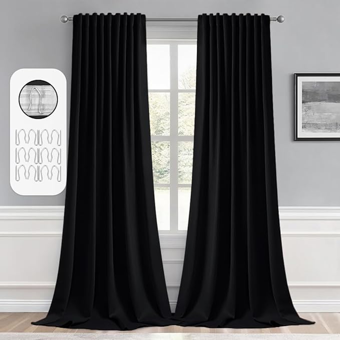 MIULEE Black Back Tab Blackout Curtains 52x102 Inch Long 2 Panels Set | Rod by MIULEE