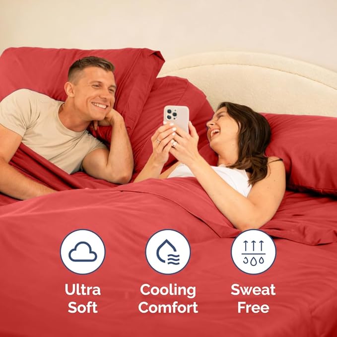 Split Head King Sheet Set – 4 Piece Flex Split Top King Sheets for Adjustable Beds - Fits 14” to 16" Mattress with Deep Pockets - Ultra-Soft, Breathable & Cooling - Luxury Bedding & Wrinkle Free - Red