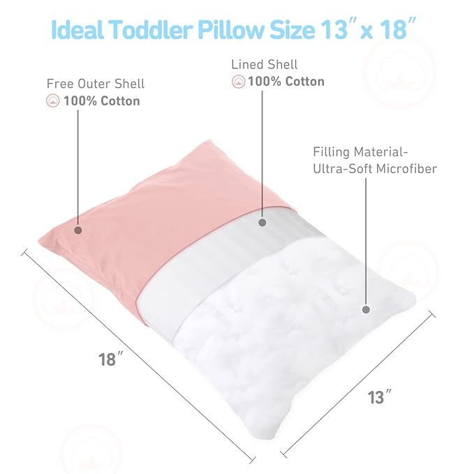 Babebay Toddler Pillow,13X18 Soft Kid Pillow for Sleeping, Machine Washable Toddler Pillow with Cotton Pillowcase, Age 2 to 5 (Pink)