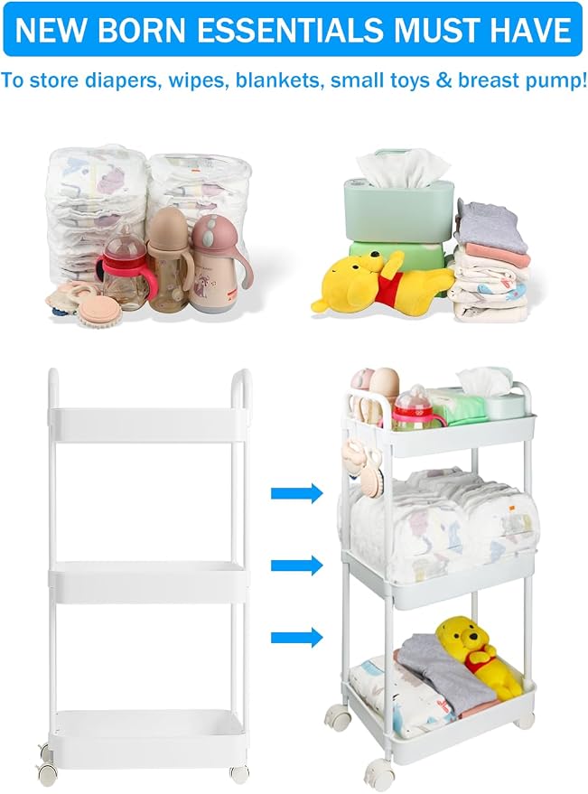 Volnamal Diaper Caddy Cart, 3-Tier Plastic Rolling Cart - Image 2