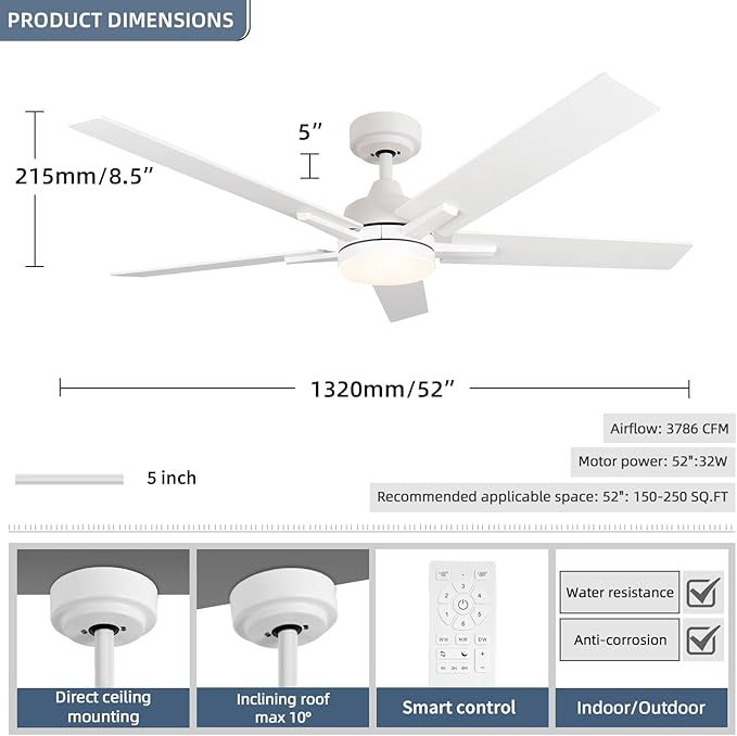 SODSEA Ceiling Fans with Lights, 52 inch White Ceiling Fan with Light and Remote Control, Reversible, 3CCT, Dimmable, Noiseless, Small Ceiling Fan for Bedroom, Indoor/Outdoor Use