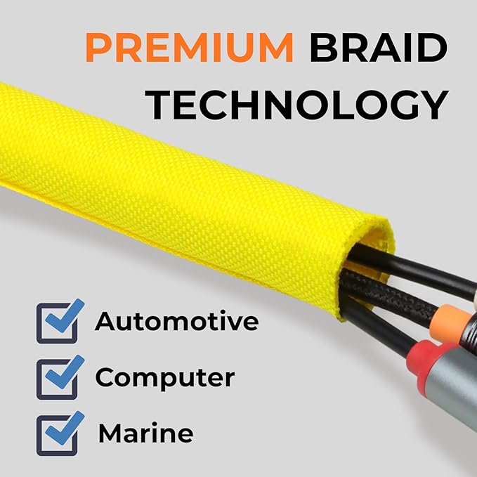 HOLED 5/8 inch Split Braided Cable Management Sleeve for USB Cable Power Cord Audio Video Cable, Wire Loom Cord Protector from Cat Dog Chewing (Yellow, 25FT)
