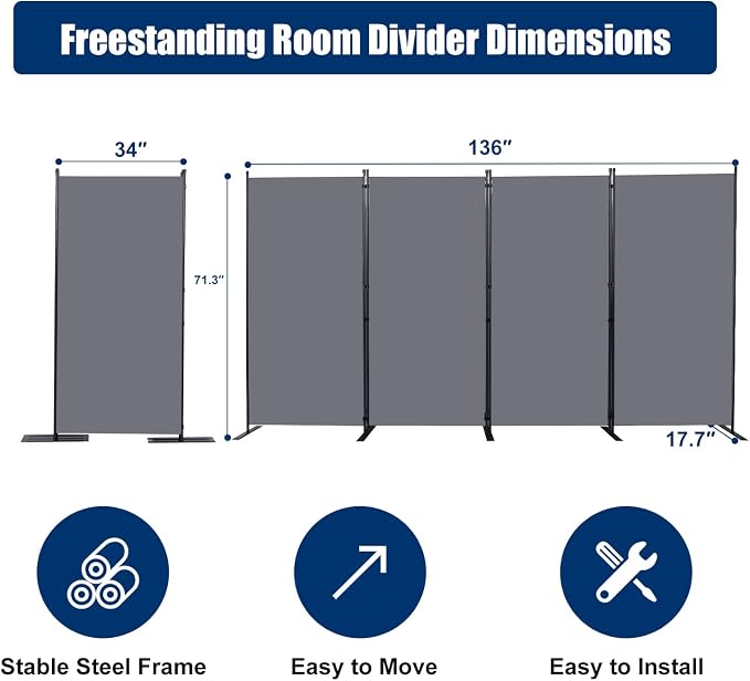 Room Divider 4 Panel-136''Wide, 6FT Room Dividers and Folding Privacy Screen | - Image 6