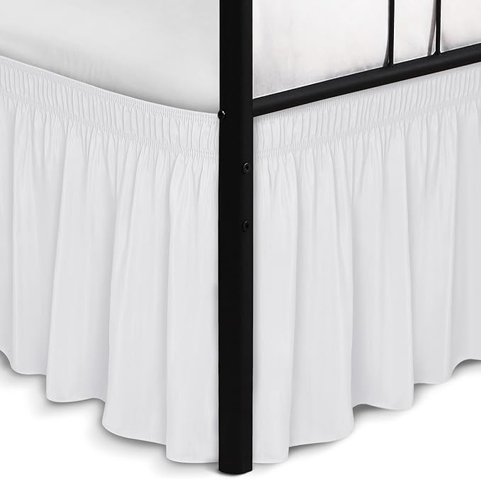 Biscaynebay Wrap Around Bed Skirts with Split Corners for King Beds 15" Drop, White Adjustable Elastic Dust Ruffles Easy Fit Wrinkle Resistant Silky Luxurious Fabric Machine Washable