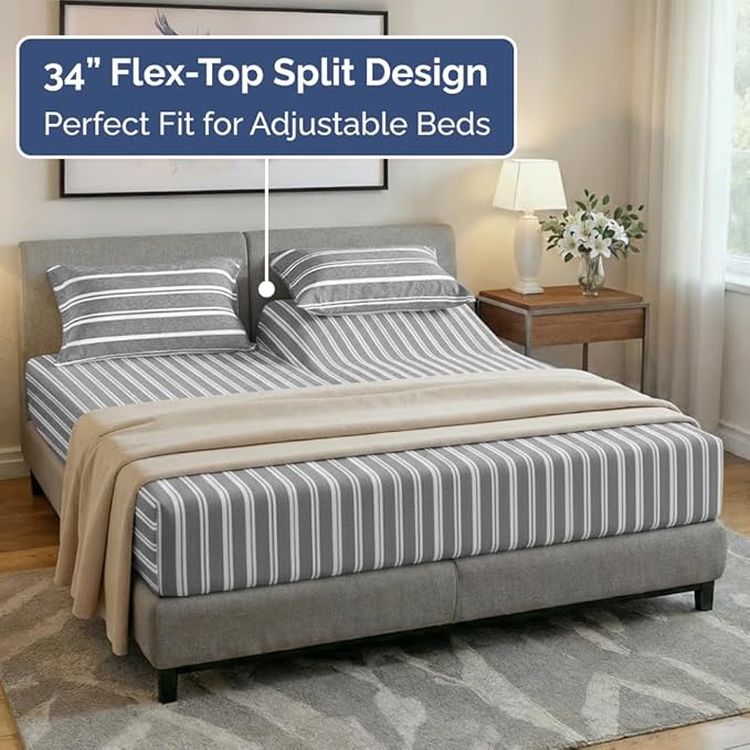 Split Head King Sheet Set – 4 Piece Flex Split Top King Sheets for Adjustable Beds - Fits 14” to 16" Mattress w/ Deep Pockets - Breathable & Cooling - Luxury Bedding and Wrinkle Free - Grey Stripes 3
