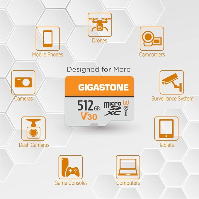 GIGASTONE 512GB Micro SD Card, for Surveillance, Security Camera, Action Camera, Drone, 100MB/s, A1 V30 4K Video Recording MicroSDXC Memory Card UHS-I Class 10