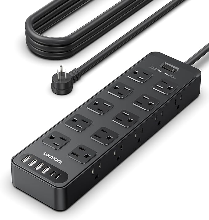 Solidock Flat Plug Power Strip Surge Protector with 20 AC Outlets 6 USB Ports, 1875W/15A, 2700 Joules, 6 Ft Heavy Duty Extension Cord with Multiple Outlets for Home, Office, Dorm, Gaming,ETL Listed