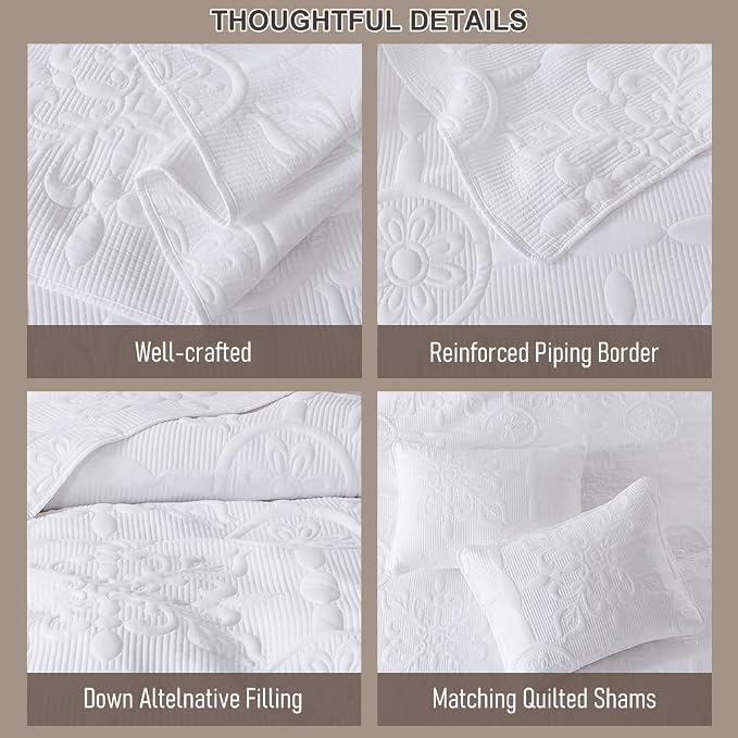 B2EVER White Damask Quilt King Size Bedding Sets - Image 6