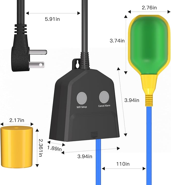 Sump Pump Alarm WiFi, Smart High/Low Water Level Alarm, Free App Notification & 120dB Alarm, Built-in Backup Battery, IPX4 Waterproof, with 10ft Float Switch for Basement Sump, Water Tank, Septic Tank