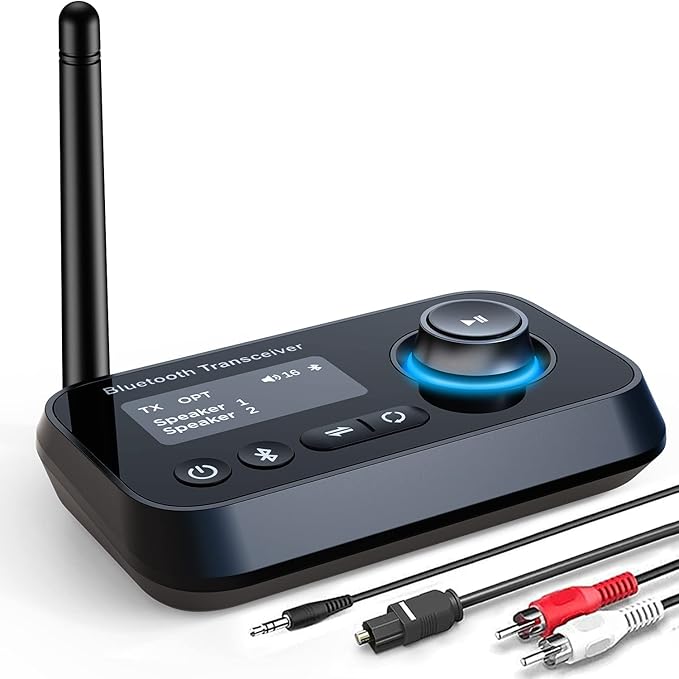 ifofo Bluetooth Transmitter Receiver 3-in-1 Bluetooth 5.0 Audio Adapter for 2 Headphones With Bypass Volume Control Low Latency Long Range LCD Display ON/OFF Optical AUX RCA for TV Home Stereo Speaker