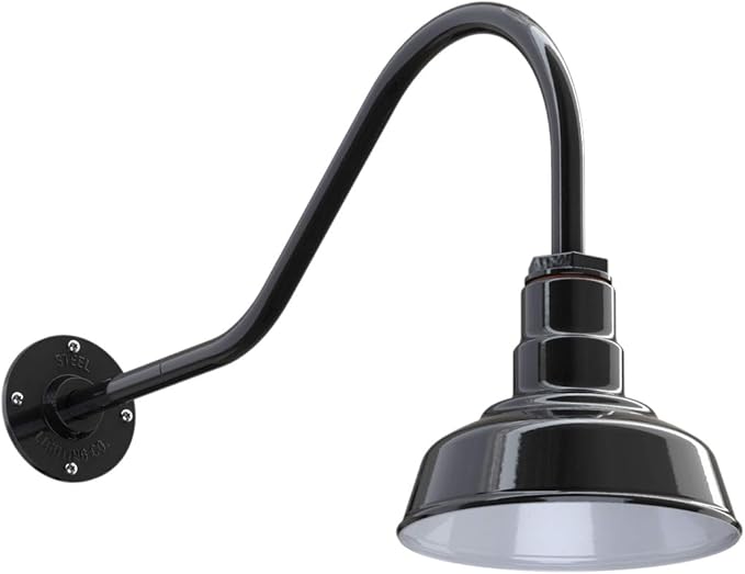 Steel Lighting Co. Hawthorne Barn Light | Outdoor Wall Mounted | 8 inch Dome | 23 inch Gooseneck| Small Farmhouse Light Made in America | Black Exterior/White Interior