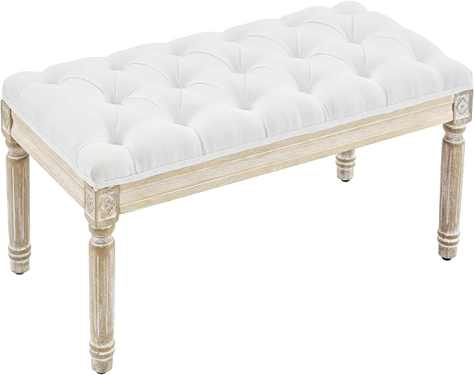 LOULENS 31'' Entryway Bench, Linen Upholstered End of Bed Bench, Brushed Wood by LOULENS