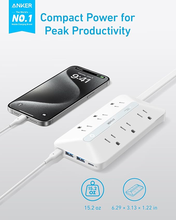 Anker Power Strip with 300J Surge Protector, 5ft Outlet Extender, 6AC | Flat - Image 2