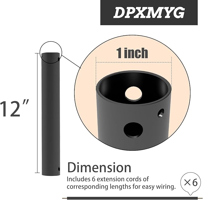 DPXMYG 12 inch Ceiling Fan Downrod with Extension Cord, 1 FT Black Downrod for Ceiling Fan, 1 inch Outside Diameter, Ceiling Fan Boom Suitable for a Wide Range of Fans (Black, Not Threaded)