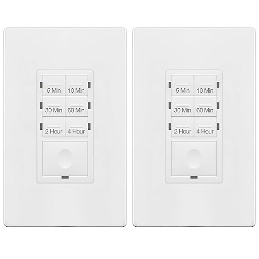 ENERLITES 4-Hour No Neutral Wire Countdown Timer Switch, 5-10-30-60 Min, 2-4 Hour, for Bathroom Fans, Heaters, Lights, LED Indicator, 120VAC 800W, UL Listed, HET06-J-W-2PCS, White, 2 Pack