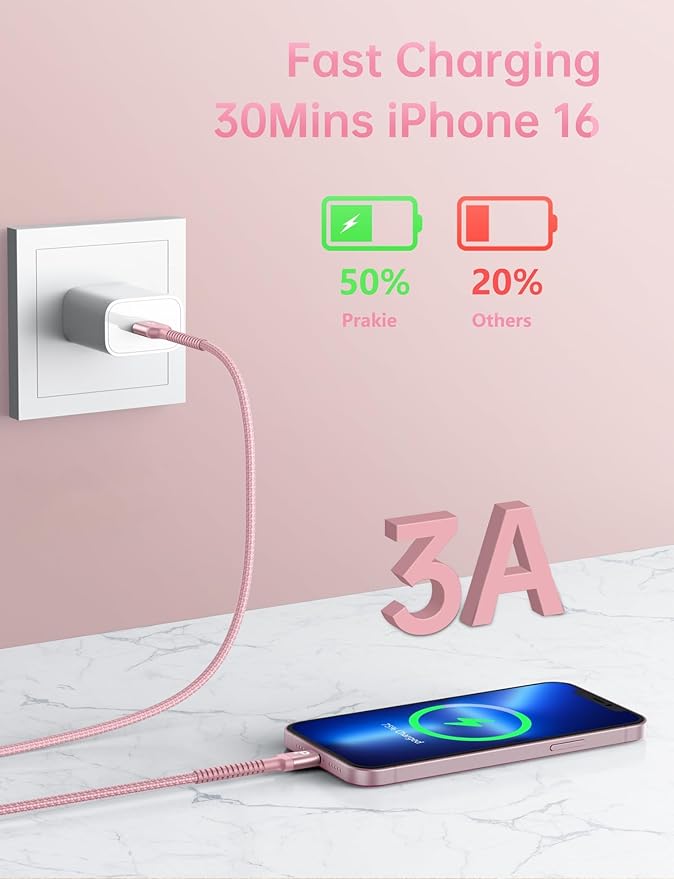 USB C Cable 10FT, 2Pack Long USB A to USB C Charger Cable, Type C Cable Fast Charging Upgraded Extra Durable Braided USBC Cord Compatible with iPhone 17 16 15 Pro Max/LG and More USB C Devices-Pink