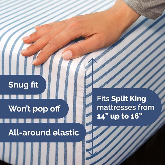Split Head King Sheet Set – 4 Piece Flex Split Top King Sheets for Adjustable Beds - Fits 14” to 16" Mattress w/ Deep Pockets - Breathable & Cooling - Luxury Bedding and Wrinkle Free - Blue Stripes 3