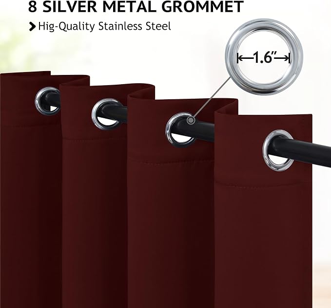COSVIYA Grommet Blackout Room Darkening Burgundy Curtains 72 inch Length | - Image 2