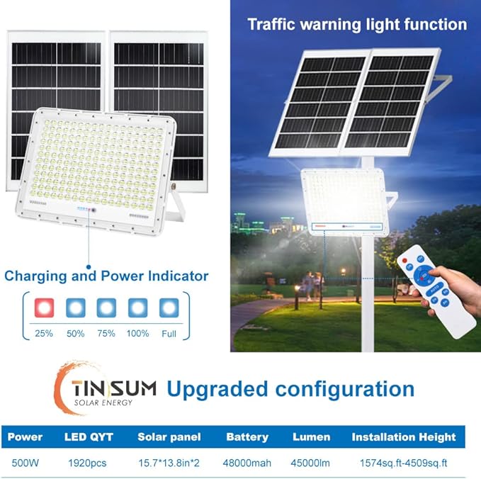 TINSUM 500W Solar Led Flood Lights Outdoor, 28000 Lumens Solar Security Street Lights Dusk to Dawn 1920LED with Remote White Led for Parking Lot,Stadium,Yard,Swimming Pool, Pathway,Flag Pole,Driveway