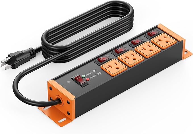 CCCEI Heavy Duty Surge Protector Power Strip 20 Amp Individual Switches. 12FT 12 Gauge Extension Cord with Multiple Outlets. Kitchen, Garage, Shop, Industrial Wall Mount Electric Extender, Orange.