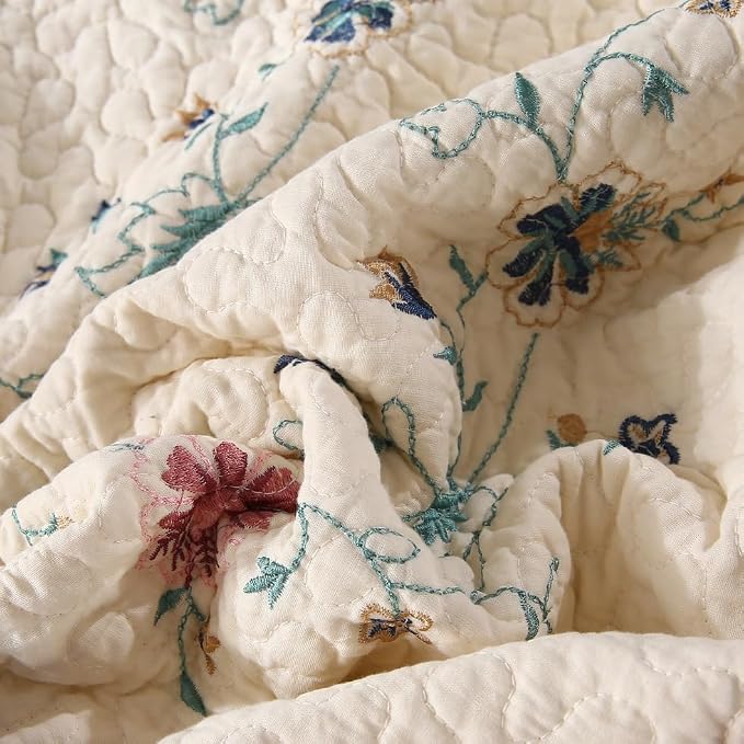 ROOMLIFE Quilt Set King Floral Leaves 3D Embroidery Pattern 3-Piece Cotton | - Image 9