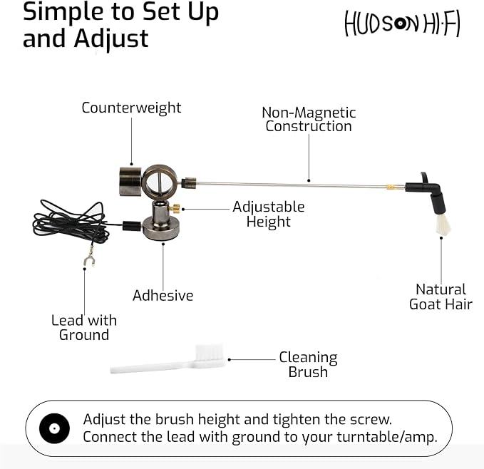 Hudson Hi-Fi Anti-Static Cleaning Arm - Adjustable, Universal Fit - Defy Damage, Perfect Playback - AutoMagically Cleans as LP Plays to Remove Dust & Static, End Needle Skipping, Popping