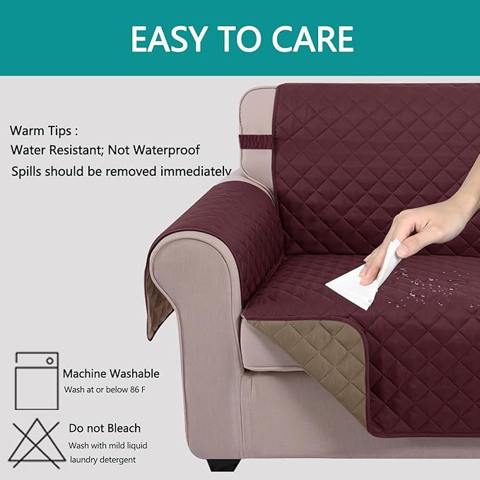 U-NICE HOME Large Sofa Cover Reversible Couch Cover for Dogs with Elastic Straps Water Resistant Furniture Protector for Pets Couch Cover for 4 Cushion Couch (Oversized Sofa, Burgundy/Tan)
