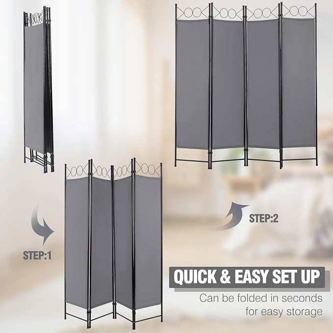 4 Panel Room Divider 6FT Steel Frame Screen Folding Privacy Divider - Image 4