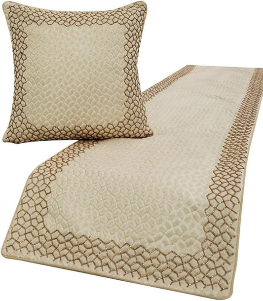 The HomeCentric King/Queen/Twin Ivory & Gold Decorative Twin 53"x18" Bed Runner with Pillow Cover, Mosaic & Beaded Bed Scarf on Jacquard Fabric - Tessellation